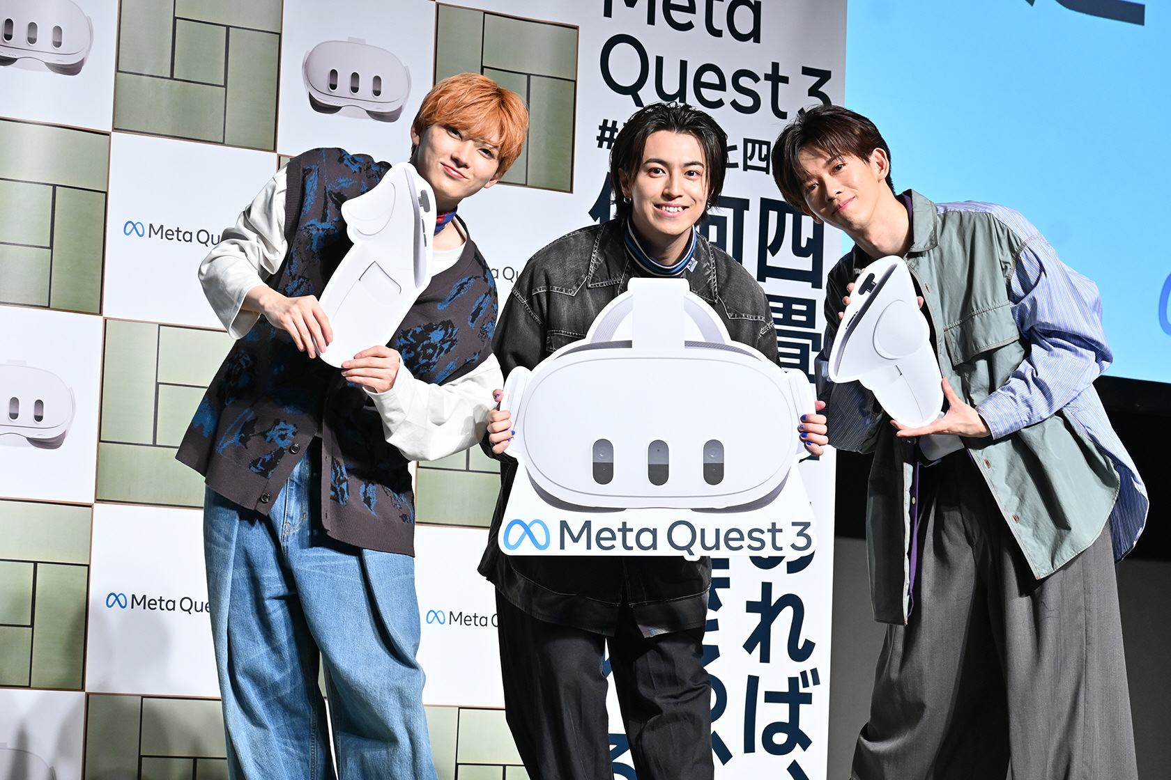 次世代のMRヘッドセット「Meta Quest 3」とのコラボイベントを行った超特急の（左から）ユーキ、タカシ、リョウガ（撮影・糸賀日向子）