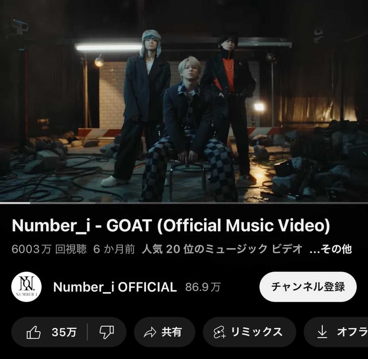 Number_i「GOAT」MV 6000万再生突破 年内1億願う声も