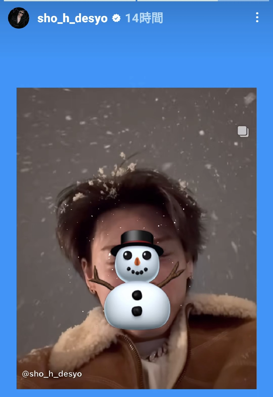 From Sho Hirano's Instagram An edited video with a snowman illustration placed over his face (From Sho Hirano's Instagram Stories, Number_i)